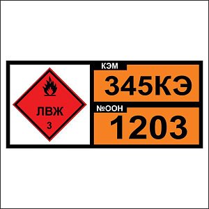 Знак опасности. Табличка номер опасности и номер ООН (OON345КЭ-1203) (Бензин)